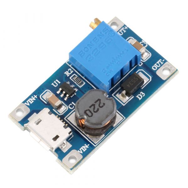 MT3608 з microUSB підвищуючий DC/DC перетворювач: Uin 2...24 В / Uout до 28 В / Iout до 2 А