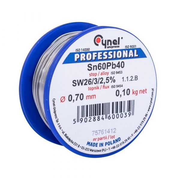 Припій CYNEL (Польща) Solder wire S-Sn60Pb40, flux SW26/3/2,5%  0,7мм 0,1 кг