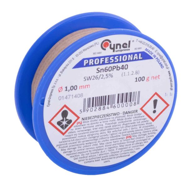 Припій CYNEL (Польща) Solder wire S-Sn60Pb40, flux SW26/3/2,5%  1,0мм 0,1 кг
