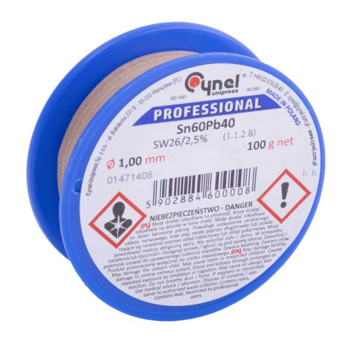 Припій CYNEL (Польща) Solder wire S-Sn60Pb40, flux SW26/3/2,5%  1,0мм 0,1 кг