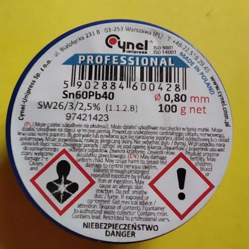 Припій CYNEL (Польща) Solder wire S-Sn60Pb40, flux SW26/3/2,5%  0,8мм 0,1 кг