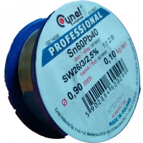 Припій CYNEL (Польща) Solder wire S-Sn60Pb40, flux SW26/3/2,5%  0,9мм 0,1кг