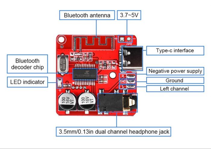 Плата аудіоприймача Bluetooth 5.0 бездротового стерео музичного модуля 3.7-5V XY-BT-Mini