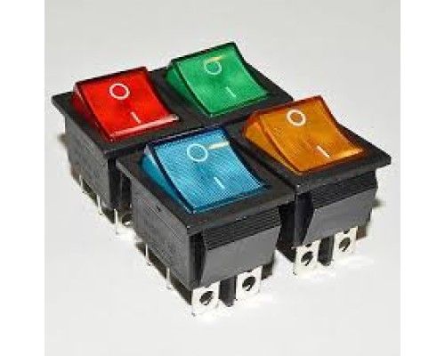 KCD4-202N(IRS-202),( KCD2-202N)6pin,15A,250V, ON-ON; чорний корпус; червона, синя, жовта, зелена клавіша з підсвічуванням; перемикач Daier