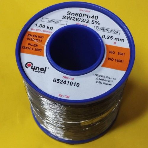 Припой CYNEL (Польша) Solder wire S-Sn60Pb40, flux SW26/3/2,5%  0,25мм 1кг
