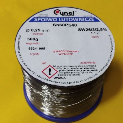 Припой CYNEL (Польша) Solder wire S-Sn60Pb40, flux SW26/3/2,5%  0,25мм 0,5кг