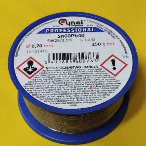 Припой CYNEL (Польша) Solder wire S-Sn60Pb40, flux SW26/3/2,5%  0,7мм 0,25кг