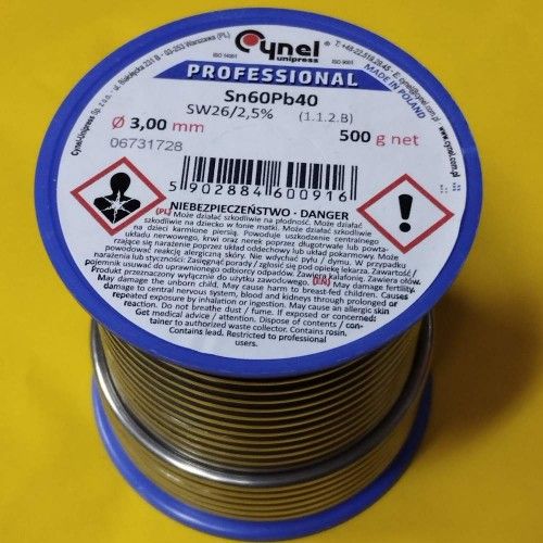 Припой CYNEL (Польша) Solder wire S-Sn60Pb40, flux SW26/3/2,5%  3мм 0,5кг