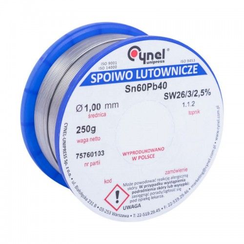 Припій CYNEL (Польща) Solder wire S-Sn60Pb40, flux SW26/3/2,5%  1,0мм 0,25кг